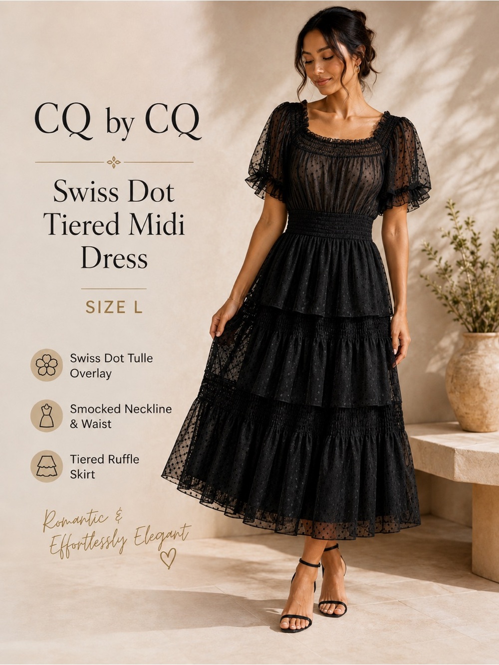 CQ by CQ Black Swiss Dot Tiered Dress Size L Whimsygoth